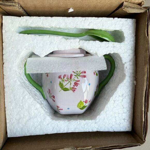 Anthropologie Sugar Bowl Pink Floral Handpainted Stoneware "Pia" Rare New In Box - Picture 13 of 14